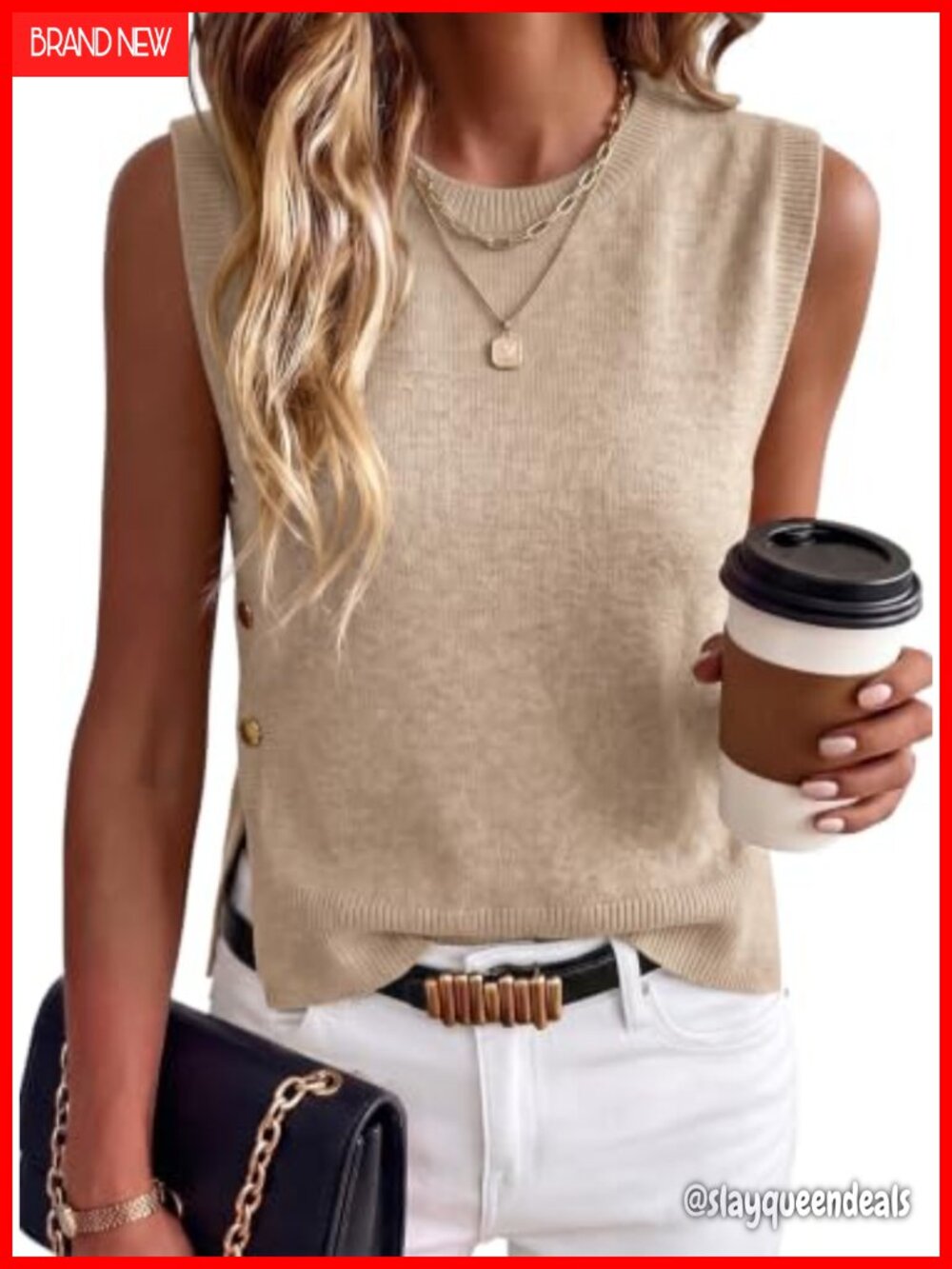 Women's Knitted Pullover Sweater Vest Sleeveless Crew Neck Metal Buttons Loose